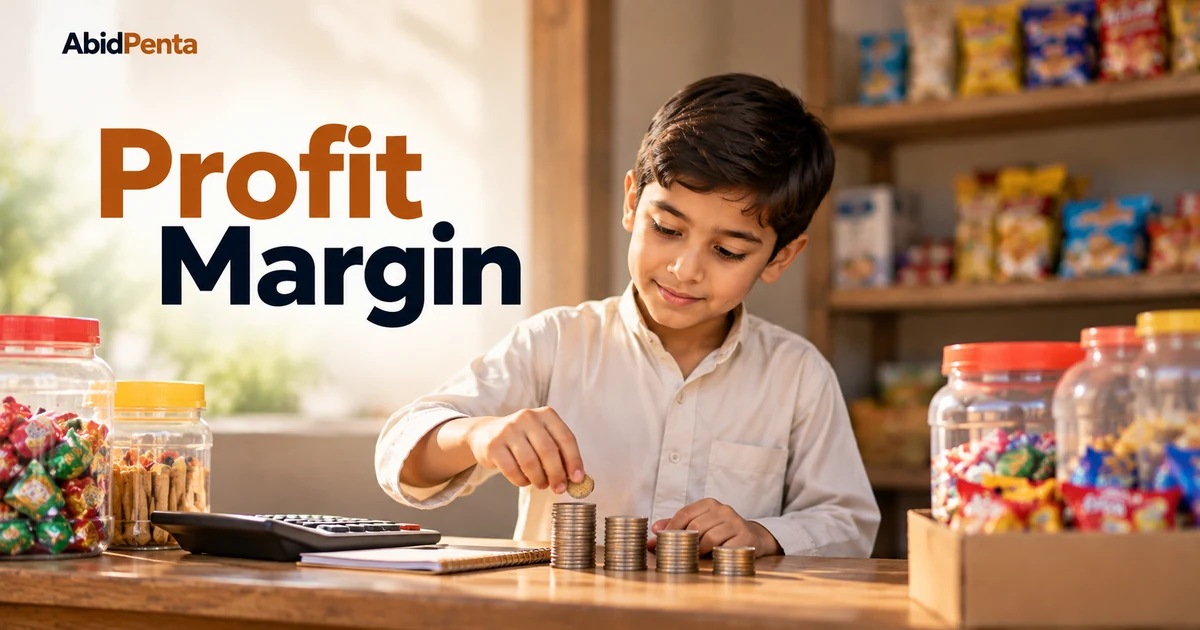 A primary school age child comparing buying and selling amounts at a small home shop counter